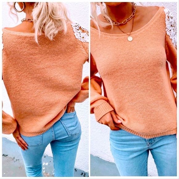 NWT! SCOOP NECK CONTRAST LACE CUT OUT SLEEVE DETAIL SWEATER IN LIGHT ORANGE 🍊! - Picture 10 of 13